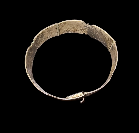 Vintage Mexico Sterling Silver & Turquoise Inlay Hinged Panel Bracelet - Picture 6 of 10